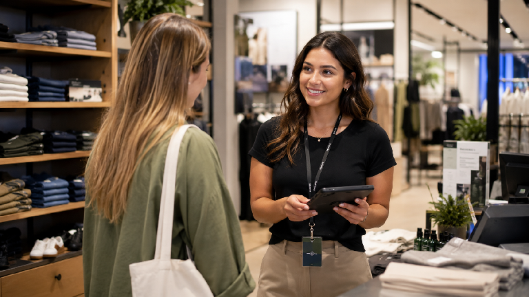 Retail associate helping customers in a storefront